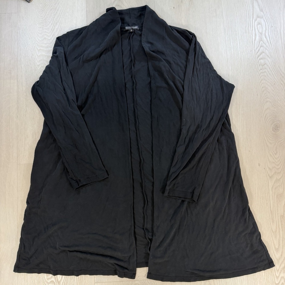 Eileen Fisher Womens Black Open Front Shawl Collar Jersey Knit Cardigan Size L
